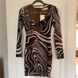 Swirl-Print Brown & Cream Long Sleeve Dress